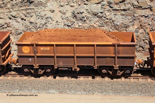 1011 160306 1509
Robe River ore waggon 1011, built by Bradken Rail Qld in December 2005, non-handbrake side loaded view, at the 45 km, Harding Siding on the Cape Lambert line. March 6, 2016.
Keywords: 1011;Bradken-Rail-Qld;Robe-ore-waggon;