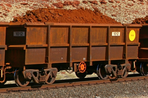 1012 060722 7484
Robe River ore waggon 1012, built by Bradken Rail Qld in December 2005, handbrake side loaded view at the 78.8 km between Western Creek and Maitland on the Deepdale line. July 22, 2006.
Keywords: 1012;Bradken-Rail-Qld;Robe-ore-waggon;