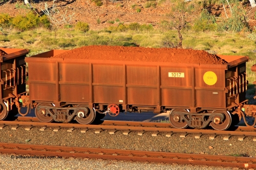 1017 110602 1647
Robe River ore waggon 1017, built by Bradken Rail Qld in December 2005, rotary coupler end handbrake side loaded view at the 71 km, Western Creek on the Deepdale line. June 2, 2011.
Keywords: 1017;Bradken-Rail-Qld;Robe-ore-waggon;
