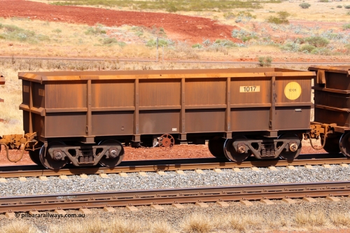 1017 141124 6858
Robe River ore waggon 1017, built by Bradken Rail Qld in December 2005, fixed coupler handbrake side empty view at the 25 km at Arches Siding on the Cape Lambert line. November 24, 2014.
Keywords: 1017;Bradken-Rail-Qld;Robe-ore-waggon;