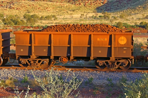 1018 170513 8704
Robe River ore waggon 1018, built by Bradken Rail Qld in December 2005, handbrake side loaded view, Cape Lambert yard, May 13, 2017.
Keywords: 1018;Bradken-Rail-Qld;Robe-ore-waggon;