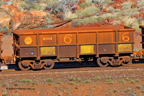1020 180616 1704
Robe River ore waggon 1020, built by Bradken Rail Qld in January 2006, rotary coupler end non-handbrake side empty view at the 38 km, Harding on the Cape Lambert line, June 16, 2018.
Keywords: 1020;Bradken-Rail-Qld;Robe-ore-waggon;