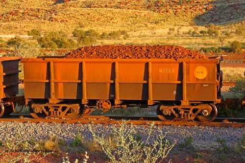 1025 170513 8661
Robe River ore waggon 1025, built by Bradken Rail Qld in January 2006, rotary coupler end handbrake side loaded view, Cape Lambert yard, May 13, 2017.
Keywords: 1025;Bradken-Rail-Qld;Robe-ore-waggon;