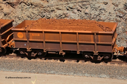 1029 160306 1641
Robe River ore waggon 1029, built by Bradken Rail Qld in January 2006, fixed coupler non-handbrake side loaded view, at the 45 km, Harding Siding on the Cape Lambert line. March 6, 2016.
Keywords: 1029;Bradken-Rail-Qld;Robe-ore-waggon;