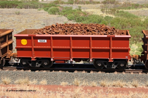1034 081209 0161
Robe River ore waggon 1034, built by Bradken Rail Qld in September 2008, non-handbrake side loaded view at the 7 km location just south of Cape Lambert yard. December 9, 2008.
Keywords: 1034;Bradken-Rail-Qld;Robe-ore-waggon;