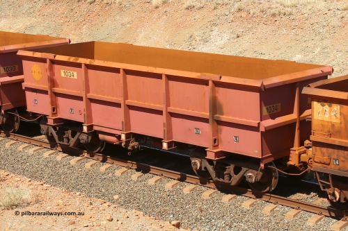 1034 160306 1295
Robe River ore waggon 1034, built by Bradken Rail Qld in September 2008, fixed coupler non-handbrake side empty view at Greenpool on the Cape Lambert line. March 6, 2016.
Keywords: 1034;Bradken-Rail-Qld;Robe-ore-waggon;