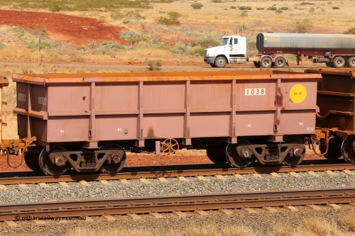 1038 141124 6818
Robe River ore waggon 1038, built by Bradken Rail Qld in April 2012, fixed coupler handbrake side empty view at the 25 km at Arches Siding on the Cape Lambert line. November 24, 2014.
Keywords: 1038;Bradken-Rail-Qld;Robe-ore-waggon;