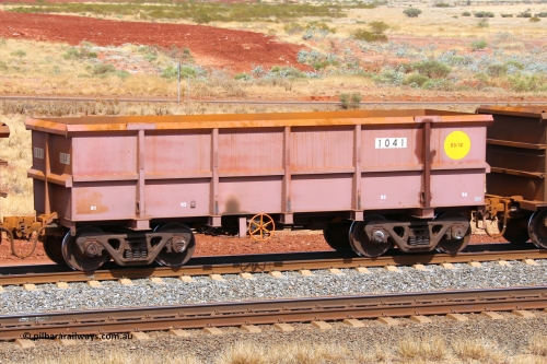 1041 141124 6843
Robe River ore waggon 1041, built by Bradken Rail Qld in March 2012, fixed coupler handbrake side empty view at the 25 km at Arches Siding on the Cape Lambert line. November 24, 2014.
Keywords: 1041;Bradken-Rail-Qld;Robe-ore-waggon;