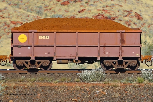 1049 170728 09950
Robe River ore waggon 1049, built by Bradken Rail Qld in March 2012, non-handbrake side loaded view at the 72 km, Western Creek on the Deepdale line. July 28, 2017.
Keywords: 1049;Bradken-Rail-Qld;Robe-ore-waggon;