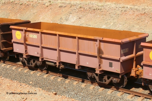 1053 160306 1289
Robe River ore waggon 1053, built by Bradken Rail Qld in March 2012, fixed coupler non-handbrake side empty view at Greenpool on the Cape Lambert line. March 6, 2016.
Keywords: 1053;Bradken-Rail-Qld;Robe-ore-waggon;