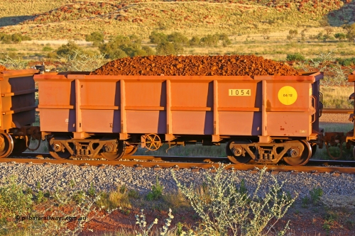 1054 170513 8653
Robe River ore waggon 1054, built by Bradken Rail Qld in April 2012, rotary coupler end handbrake side loaded view, Cape Lambert yard, May 13, 2017.
Keywords: 1054;Bradken-Rail-Qld;Robe-ore-waggon;