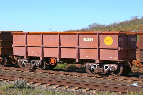 1055 160727 0978
Robe River ore waggon 1055, built by Bradken Rail Qld in March 2012, rotary coupler end handbrake side empty view at Harding Siding on the Cape Lambert line, July 27, 2016.
Keywords: 1055;Bradken-Rail-Qld;Robe-ore-waggon;