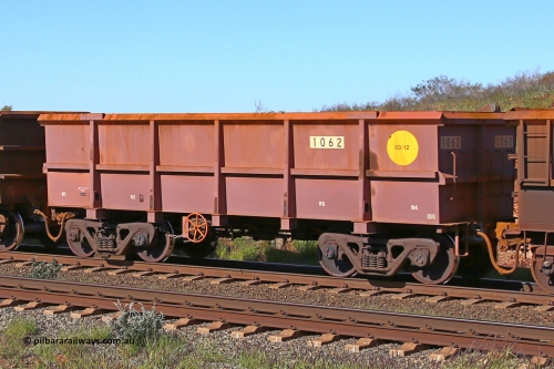 1062 160727 0986
Robe River ore waggon 1062, built by Bradken Rail Qld in March 2012, rotary coupler end handbrake side empty view at Harding Siding on the Cape Lambert line, July 27, 2016.
Keywords: 1062;Bradken-Rail-Qld;Robe-ore-waggon;