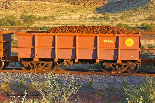 1062 170513 8718
Robe River ore waggon 1062, built by Bradken Rail Qld in March 2012, rotary coupler end handbrake side loaded view, Cape Lambert yard, May 13, 2017.
Keywords: 1062;Bradken-Rail-Qld;Robe-ore-waggon;