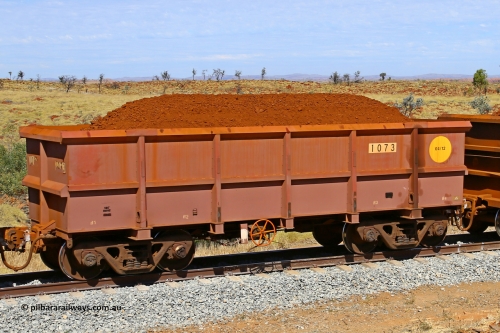1073 170729 0251
Robe River ore waggon 1073, built by Bradken Rail Qld in April 2012, fixed coupler handbrake side loaded view at the 103 km, between Maitland Siding and the Fortescue River on the Deepdale line. July 29, 2017.
Keywords: 1073;Bradken-Rail-Qld;Robe-ore-waggon;