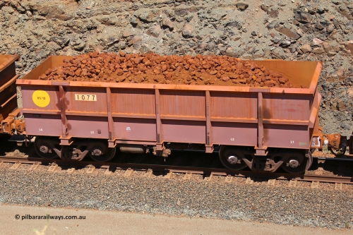 1077 160306 1660
Robe River ore waggon 1077, built by Bradken Rail Qld in May 2012, fixed coupler non-handbrake side loaded view, at the 45 km, Harding Siding on the Cape Lambert line. March 6, 2016.
Keywords: 1077;Bradken-Rail-Qld;Robe-ore-waggon;
