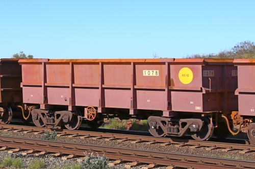 1078 160727 0955
Robe River ore waggon 1078, built by Bradken Rail Qld in March 2012, rotary coupler end handbrake side empty view at Harding Siding on the Cape Lambert line, July 27, 2016.
Keywords: 1078;Bradken-Rail-Qld;Robe-ore-waggon;