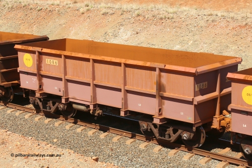 1086 160306 1306
Robe River ore waggon 1086, built by Bradken Rail Qld in May 2012, fixed coupler non-handbrake side empty view at Greenpool on the Cape Lambert line. March 6, 2016.
Keywords: 1086;Bradken-Rail-Qld;Robe-ore-waggon;