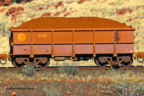 1086 170728 09938
Robe River ore waggon 1086, built by Bradken Rail Qld in May 2012, non-handbrake side loaded view at the 72 km, Western Creek on the Deepdale line. July 28, 2017.
Keywords: 1086;Bradken-Rail-Qld;Robe-ore-waggon;
