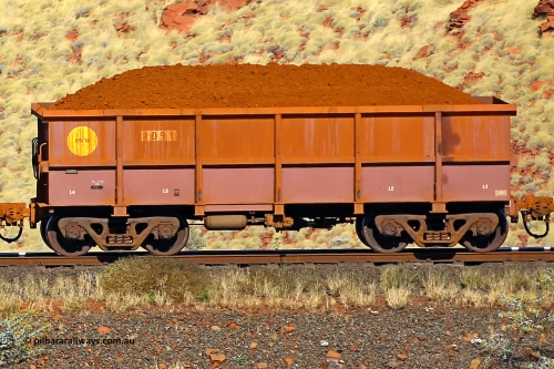 1091 170728 09938
Robe River ore waggon 1091, built by Bradken Rail Qld in May 2012, non-handbrake side loaded view at the 72 km, Western Creek on the Deepdale line. July 28, 2017.
Keywords: 1091;Bradken-Rail-Qld;Robe-ore-waggon;