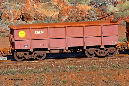 1096 180616 1731
Robe River ore waggon 1094, built by Bradken Rail Qld in March 2012, rotary coupler end non-handbrake side empty view, at the 38 km, Harding on the Cape Lambert line, June 16, 2018.
Keywords: 1096;Bradken-Rail-Qld;Robe-ore-waggon;