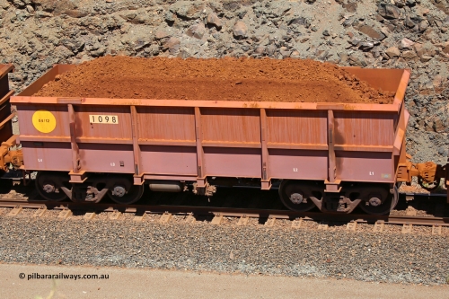 1098 160306 1607
Robe River ore waggon 1098, built by Bradken Rail Qld in April 2012, fixed coupler non-handbrake side loaded view, at the 45 km, Harding Siding on the Cape Lambert line. March 6, 2016.
Keywords: 1098;Bradken-Rail-Qld;Robe-ore-waggon;