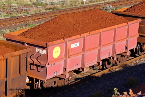 1101 210322 9745
Robe River ore waggon 1101, built by Bradken Rail Qld in April 2012, rotary coupler end non-handbrake side loaded view, at the 17 km on the Cape Lambert line, March 22, 2021.
Keywords: 1101;Bradken-Rail-Qld;Robe-ore-waggon;