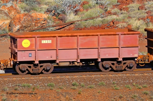 1105 180616 1735
Robe River ore waggon 1105, built by Bradken Rail Qld in May 2012, rotary coupler end non-handbrake side empty view, at the 38 km, Harding on the Cape Lambert line, June 16, 2018.
Keywords: 1105;Bradken-Rail-Qld;Robe-ore-waggon;