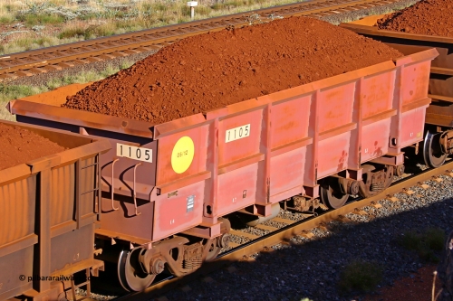 1105 210322 9723
Robe River ore waggon 1105, built by Bradken Rail Qld in May 2012, rotary coupler end non-handbrake side loaded view, at the 17 km on the Cape Lambert line, March 22, 2021.
Keywords: 1105;Bradken-Rail-Qld;Robe-ore-waggon;