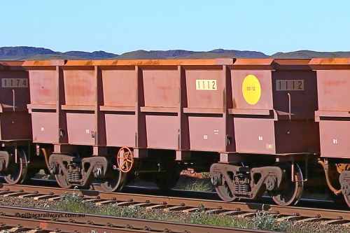 1112 160727 0963
Robe River ore waggon 1112, built by Bradken Rail Qld in May 2012, rotary coupler end handbrake side empty view at Harding Siding on the Cape Lambert line, July 27, 2016.
Keywords: 1112;Bradken-Rail-Qld;Robe-ore-waggon;