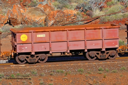 1116 180616 1732
Robe River ore waggon 1116, built by Bradken Rail Qld in March 2012, rotary coupler end non-handbrake side empty view, at the 38 km, Harding on the Cape Lambert line, June 16, 2018.
Keywords: 1116;Bradken-Rail-Qld;Robe-ore-waggon;