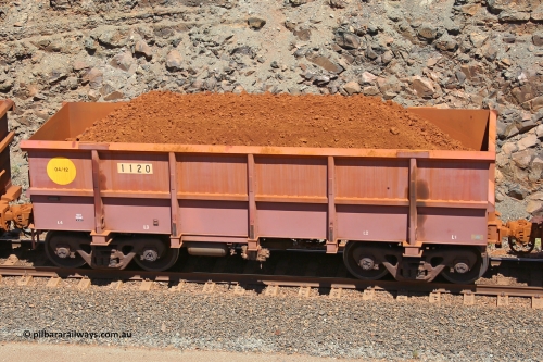 1120 160306 1563
Robe River ore waggon 1120, built by Bradken Rail Qld in April 2012, fixed coupler non-handbrake side loaded view, at the 45 km, Harding Siding on the Cape Lambert line. March 6, 2016.
Keywords: 1120;Bradken-Rail-Qld;Robe-ore-waggon;