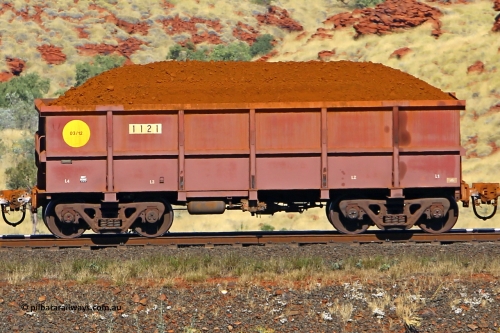 1121 170728 09924
Robe River ore waggon 1121, built by Bradken Rail Qld in March 2012, non-handbrake side loaded view at the 72 km, Western Creek on the Deepdale line. July 28, 2017.
Keywords: 1121;Bradken-Rail-Qld;Robe-ore-waggon;