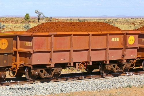 1121 170729 0250
Robe River ore waggon 1121, built by Bradken Rail Qld in March 2012, fixed coupler handbrake side loaded view at the 103 km, between Maitland Siding and the Fortescue River on the Deepdale line. July 29, 2017.
Keywords: 1121;Bradken-Rail-Qld;Robe-ore-waggon;