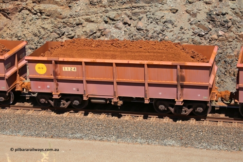 1124 160306 1616
Robe River ore waggon 1124, built by Bradken Rail Qld in May 2012, fixed coupler non-handbrake side loaded view, at the 45 km, Harding Siding on the Cape Lambert line. March 6, 2016.
Keywords: 1124;Bradken-Rail-Qld;Robe-ore-waggon;