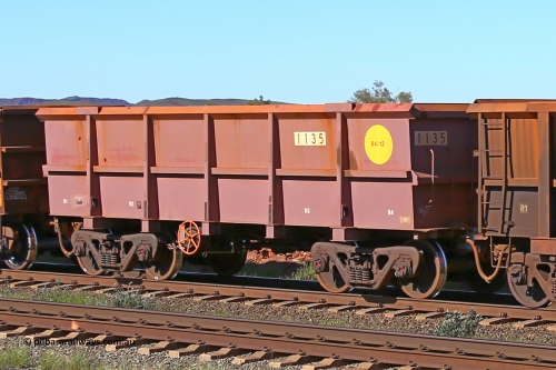 1135 160727 0989
Robe River ore waggon 1135, built by Bradken Rail Qld in April 2012, rotary coupler end handbrake side empty view at Harding Siding on the Cape Lambert line, July 27, 2016.
Keywords: 1135;Bradken-Rail-Qld;Robe-ore-waggon;