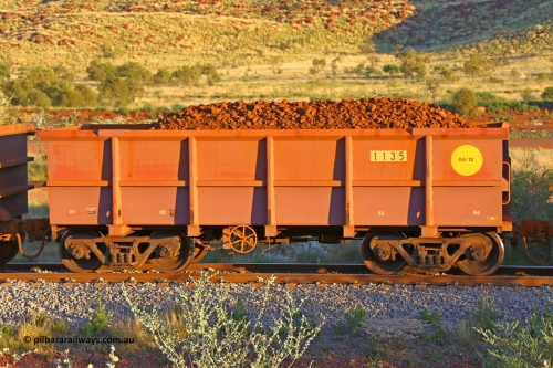 1135 170513 8727
Robe River ore waggon 1135, built by Bradken Rail Qld in April 2012, handbrake side loaded view, Cape Lambert yard, May 13, 2017.
Keywords: 1135;Bradken-Rail-Qld;Robe-ore-waggon;