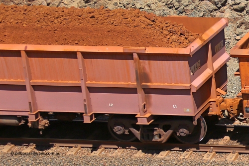 1142 160306 1605
Robe River ore waggon 1142, built by Bradken Rail Qld in April 2012, fixed coupler non-handbrake side loaded detail view of fixed coupler end, at the 45 km, Harding Siding on the Cape Lambert line. March 6, 2016.
Keywords: 1142;Bradken-Rail-Qld;Robe-ore-waggon;