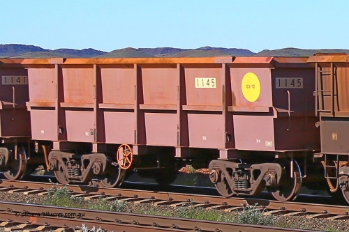 1145 160727 0957
Robe River ore waggon 1145, built by Bradken Rail Qld in March 2012, rotary coupler end handbrake side empty view at Harding Siding on the Cape Lambert line, July 27, 2016.
Keywords: 1145;Bradken-Rail-Qld;Robe-ore-waggon;