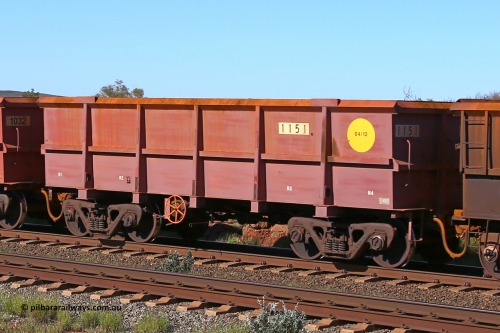 1151 160727 0949
Robe River ore waggon 1151, built by Bradken Rail Qld in April 2012, rotary coupler end handbrake side empty view at Harding Siding on the Cape Lambert line, July 27, 2016.
Keywords: 1151;Bradken-Rail-Qld;Robe-ore-waggon;