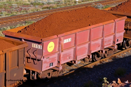1153 210322 9710
Robe River ore waggon 1153, built by Bradken Rail Qld in May 2012, rotary coupler end non-handbrake side loaded view, at the 17 km on the Cape Lambert line, March 22, 2021
Keywords: 1153;Bradken-Rail-Qld;Robe-ore-waggon;
