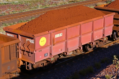 1159 210322 9685
Robe River ore waggon 1159, built by Bradken Rail Qld in March 2012, rotary coupler end non-handbrake side loaded view, at the 17 km on the Cape Lambert line, March 22, 2021
Keywords: 1159;Bradken-Rail-Qld;Robe-ore-waggon;