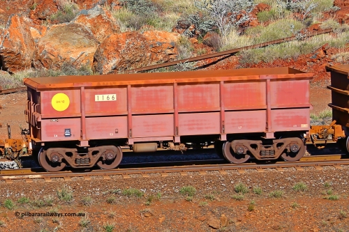 1166 180616 1729
Robe River ore waggon 1166, built by Bradken Rail Qld in April 2012, rotary coupler end non-handbrake side empty view, at the 38 km, Harding on the Cape Lambert line, June 16, 2018.
Keywords: 1166;Bradken-Rail-Qld;Robe-ore-waggon;