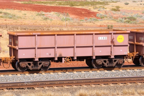 1180 141124 6870
Robe River ore waggon 1180, built by Bradken Rail Qld in April 2012, fixed coupler handbrake side empty view at the 25 km at Arches Siding on the Cape Lambert line. November 24, 2014.
Keywords: 1180;Bradken-Rail-Qld;Robe-ore-waggon;
