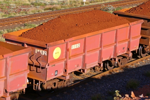 1182 210322 9762
Robe River ore waggon 1182, built by Bradken Rail Qld in April 2012, rotary coupler end non-handbrake side loaded view, at the 17 km on the Cape Lambert line, March 22, 2021
Keywords: 1182;Bradken-Rail-Qld;Robe-ore-waggon;