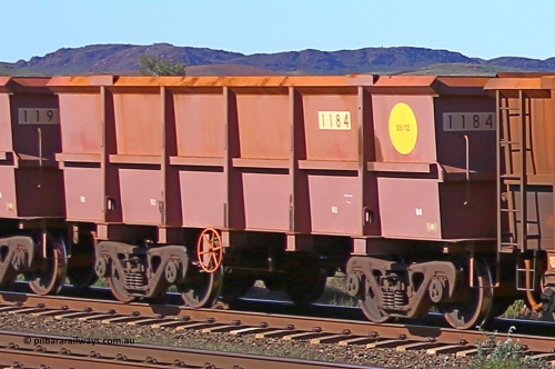 1184 160727 0962
Robe River ore waggon 1184, built by Bradken Rail Qld in May 2012, rotary coupler end handbrake side empty view at Harding Siding on the Cape Lambert line, July 27, 2016.
Keywords: 1184;Bradken-Rail-Qld;Robe-ore-waggon;