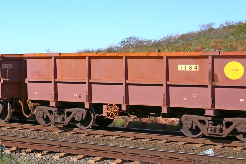 1184 160727 0963
Robe River ore waggon 1184, built by Bradken Rail Qld in May 2012, rotary coupler end handbrake side empty partial view at Harding Siding on the Cape Lambert line, July 27, 2016.
Keywords: 1184;Bradken-Rail-Qld;Robe-ore-waggon;
