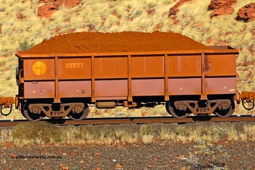 1186 170728 09936
Robe River ore waggon 1186, built by Bradken Rail Qld in April 2012, non-handbrake side loaded view at the 72 km, Western Creek on the Deepdale line. July 28, 2017.
Keywords: 1186;Bradken-Rail-Qld;Robe-ore-waggon;