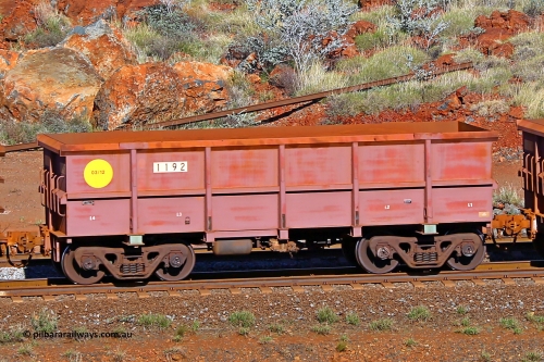 1192 180616 1706
Robe River ore waggon 1192, built by Bradken Rail Qld in March 2012, rotary coupler end non-handbrake side empty view, at the 38 km, Harding on the Cape Lambert line, June 16, 2018.
Keywords: 1192;Bradken-Rail-Qld;Robe-ore-waggon;