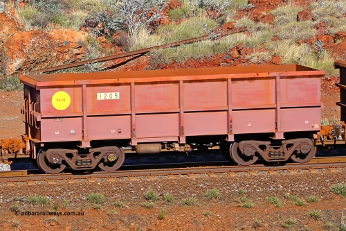 1205 180616 1723
Robe River ore waggon 1205, built by Bradken Rail Qld in May 2012, rotary coupler end non-handbrake side empty view, at the 38 km, Harding on the Cape Lambert line, June 16, 2018.
Keywords: 1205;Bradken-Rail-Qld;Robe-ore-waggon;